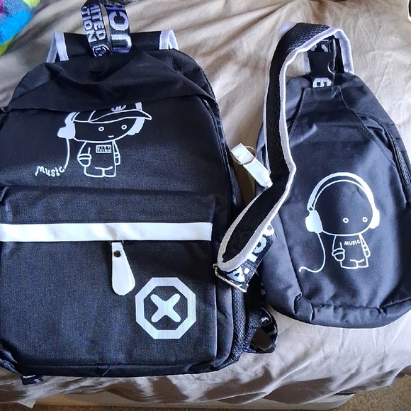 YOU GET BOTH.Stylish Black Backpack with Graphic Design NWOT - Picture 2 of 11